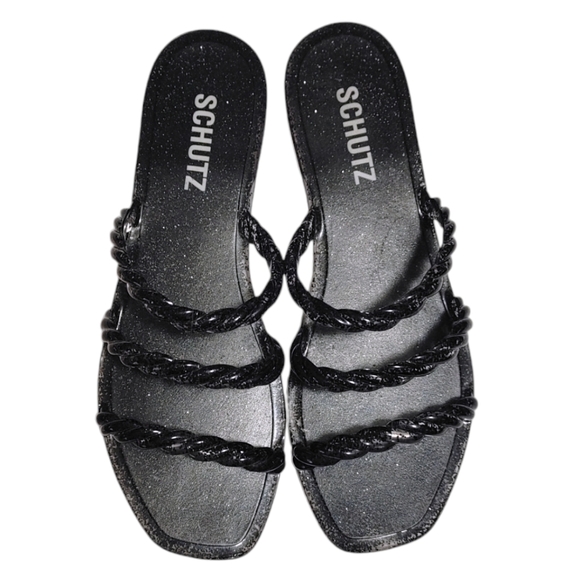 Schutz Black Glitter Square Toe Strappy Jelly Sandals Women's Size 6/7 - Picture 11 of 11